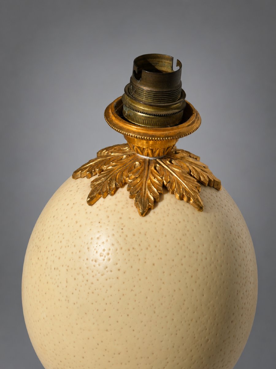 Grande Lampe De Table , Bronze Doré & Oeuf d'Autruche Maison Charles Style Louis XV Design 1970-photo-1