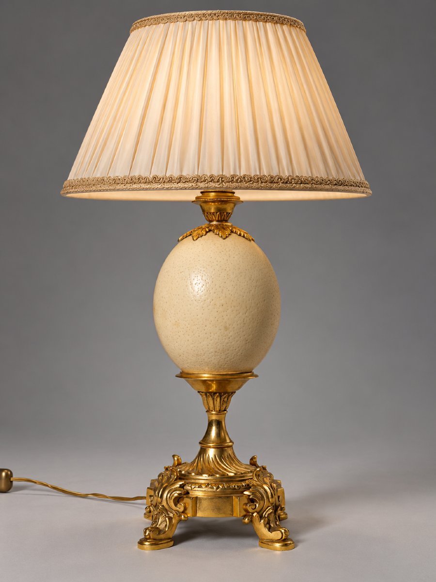 Grande Lampe De Table , Bronze Doré & Oeuf d'Autruche Maison Charles Style Louis XV Design 1970