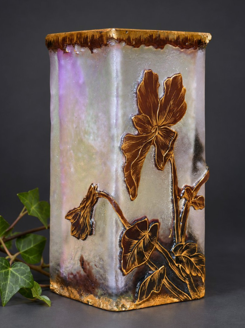 Vase Daum Nancy en verre irisé à décor floral doré, Art Nouveau , XIXe , Fleur De Pavot-photo-2