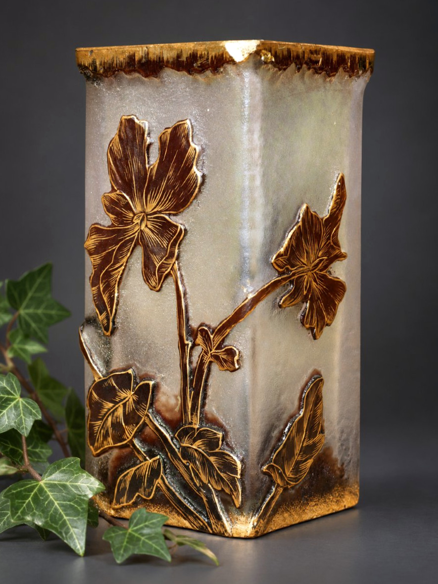 Vase Daum Nancy en verre irisé à décor floral doré, Art Nouveau , XIXe , Fleur De Pavot-photo-1