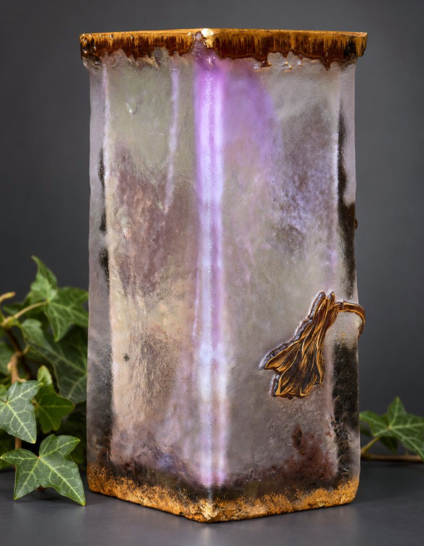 Vase Daum Nancy en verre irisé à décor floral doré, Art Nouveau , XIXe , Fleur De Pavot-photo-2