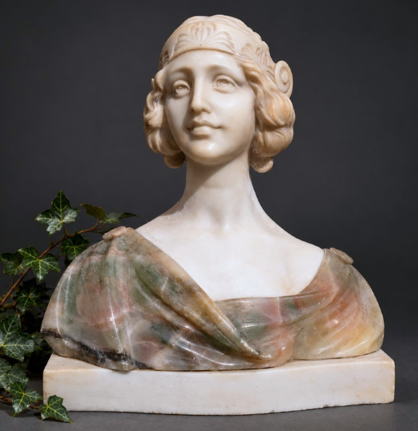 Giovanni Brogi, Buste féminin en marbre et onyx, Style Art Nouveau , 1900 , Femme Muchas 