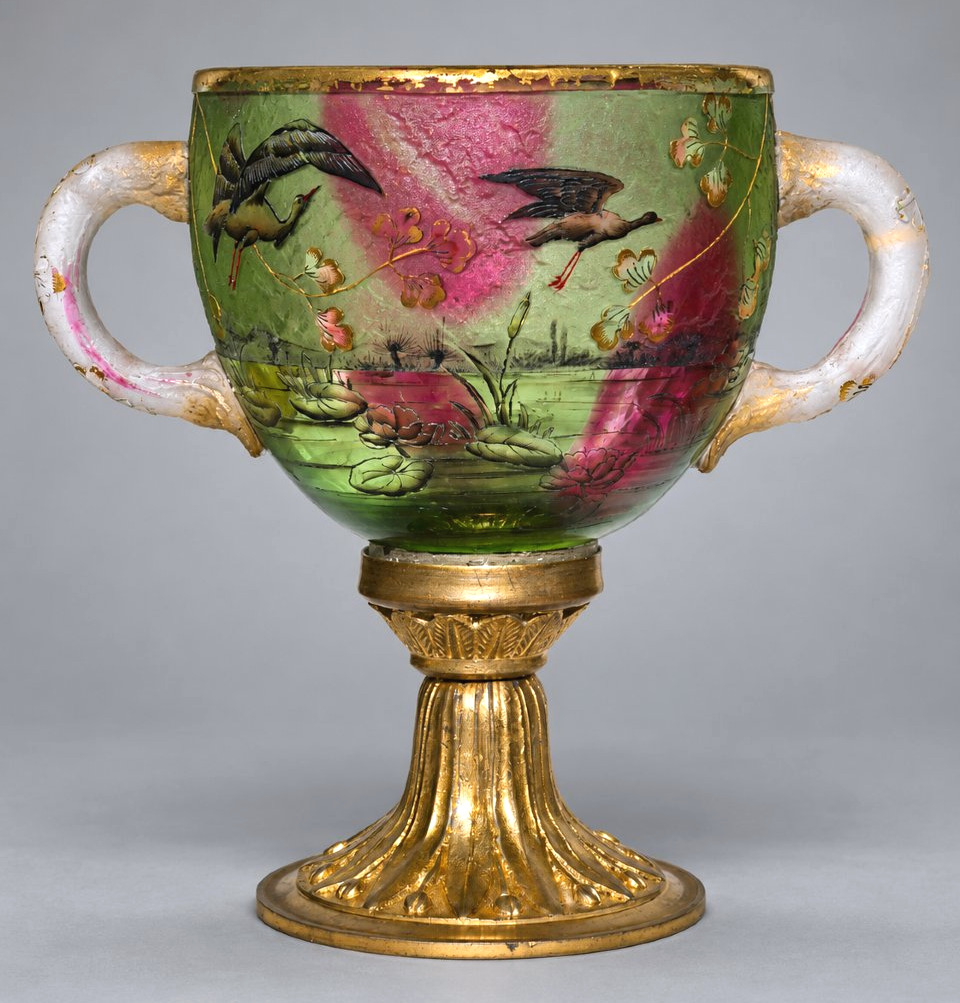 Daum Nancy Vase / Coupe En Verre émaillé à Décor Japonisant De Grues & Nénuphars, Vers 1890 -photo-2