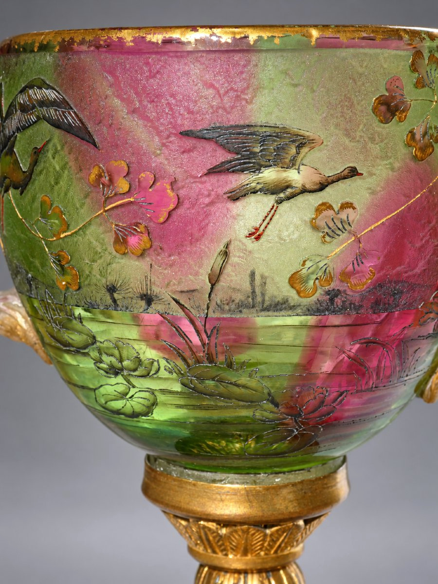 Daum Nancy Vase / Coupe En Verre émaillé à Décor Japonisant De Grues & Nénuphars, Vers 1890 -photo-3