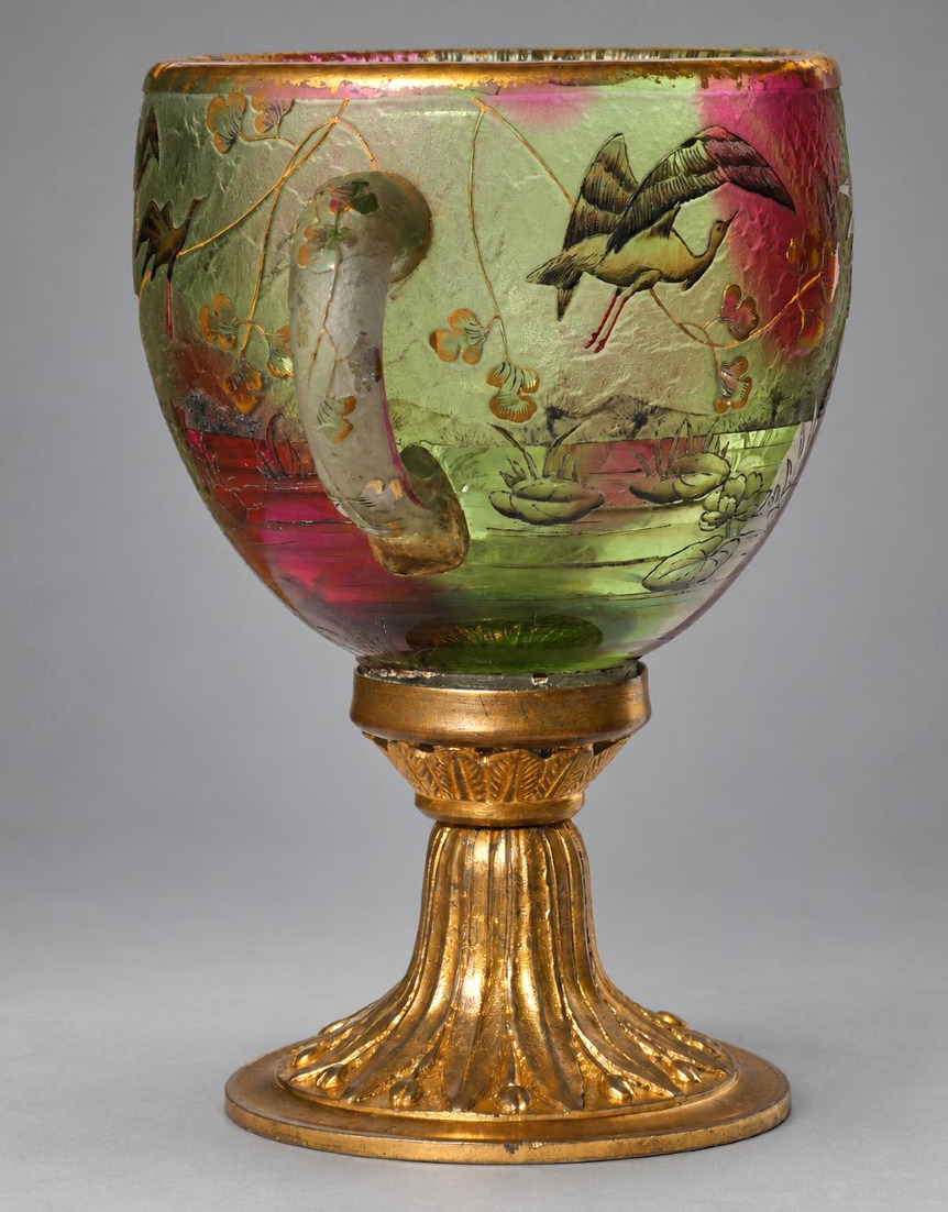 Daum Nancy Vase / Coupe En Verre émaillé à Décor Japonisant De Grues & Nénuphars, Vers 1890 -photo-4