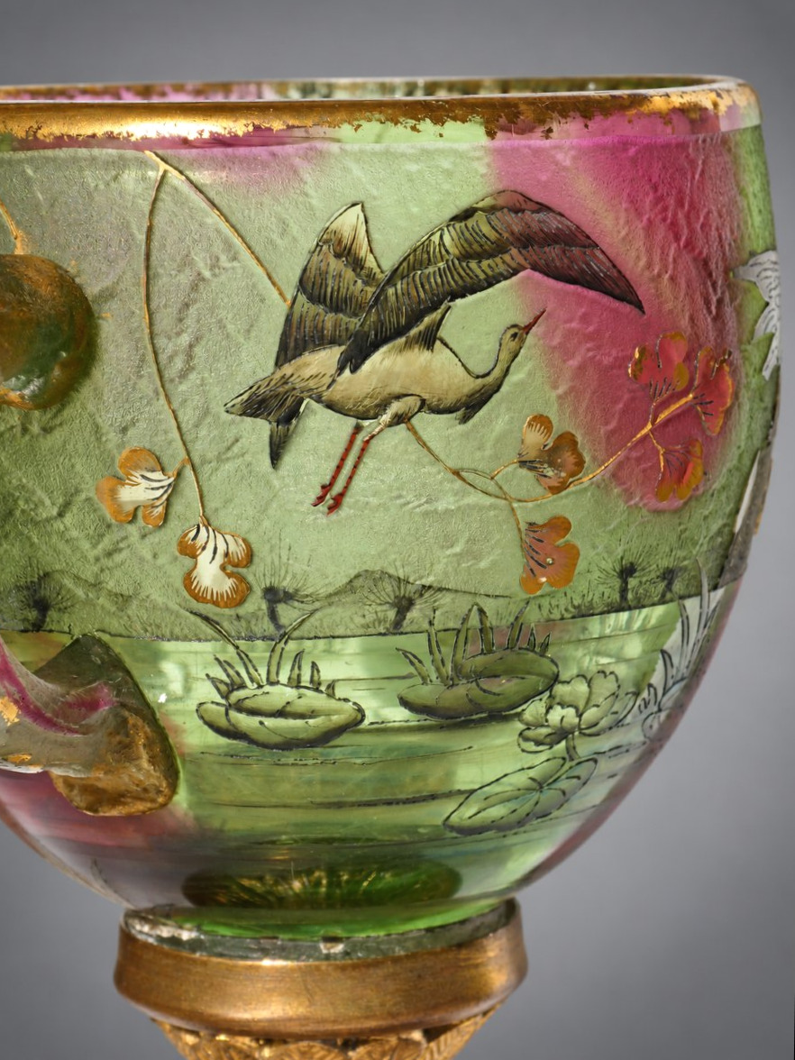 Daum Nancy Vase / Coupe En Verre émaillé à Décor Japonisant De Grues & Nénuphars, Vers 1890 -photo-1