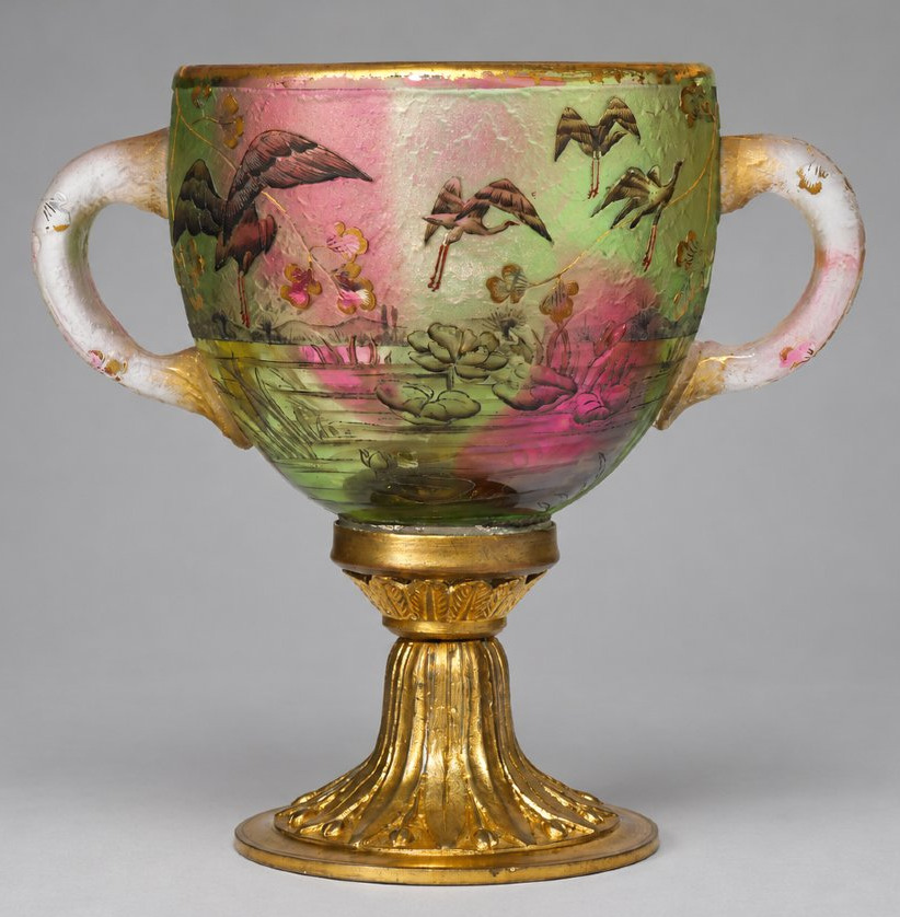 Daum Nancy Vase / Coupe En Verre émaillé à Décor Japonisant De Grues & Nénuphars, Vers 1890 -photo-2