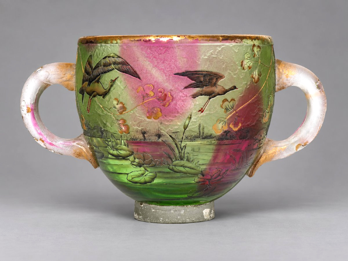 Daum Nancy Vase / Coupe En Verre émaillé à Décor Japonisant De Grues & Nénuphars, Vers 1890 -photo-4
