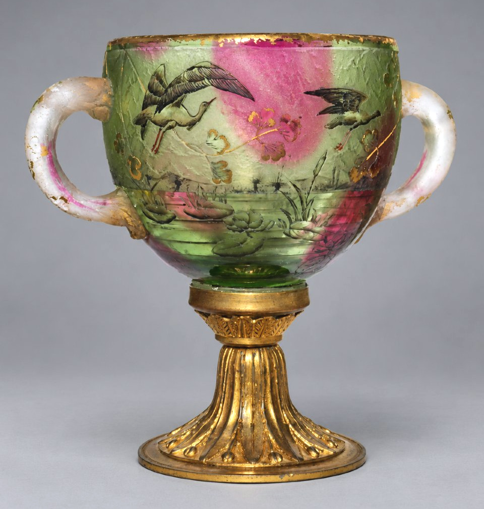 Daum Nancy Vase / Coupe En Verre émaillé à Décor Japonisant De Grues & Nénuphars, Vers 1890 -photo-6
