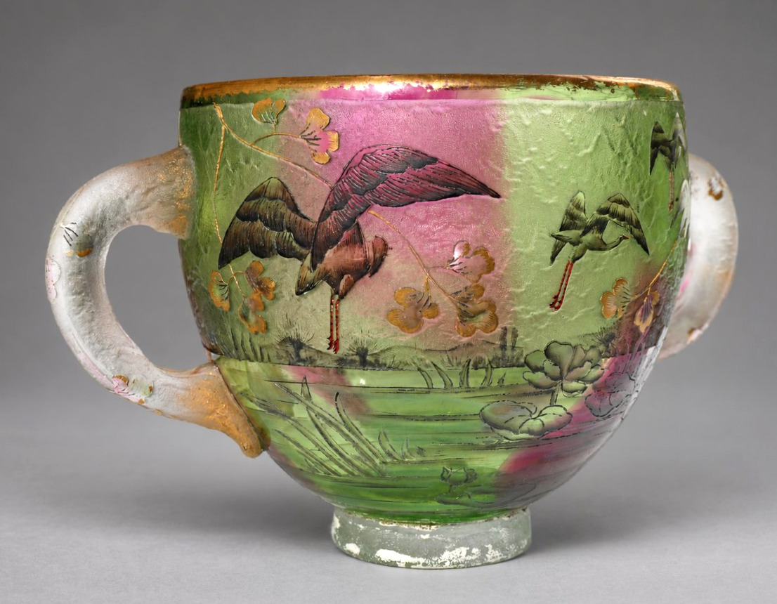 Daum Nancy Vase / Coupe En Verre émaillé à Décor Japonisant De Grues & Nénuphars, Vers 1890 -photo-8