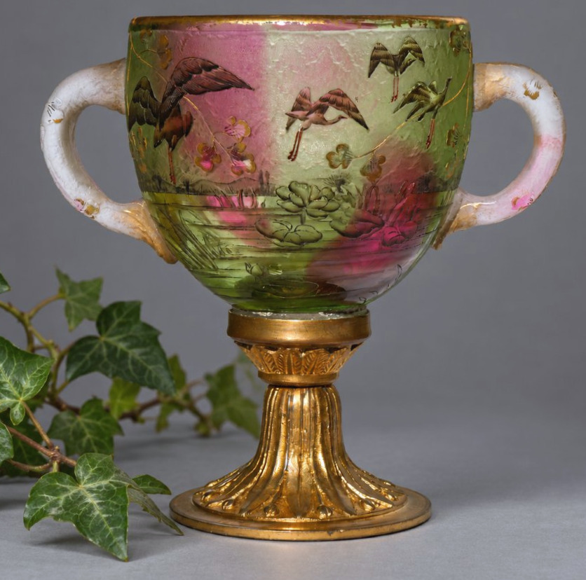 Daum Nancy Vase / Coupe En Verre émaillé à Décor Japonisant De Grues & Nénuphars, Vers 1890 