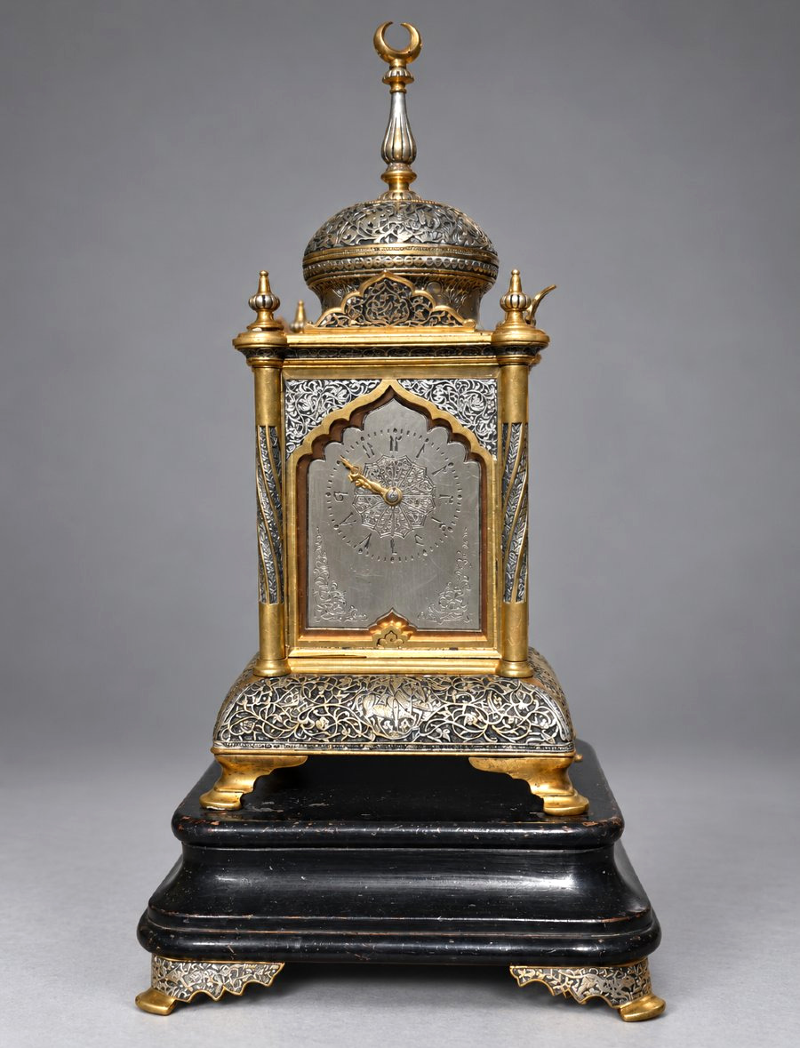Pendule Orientaliste , Epoque Napoléon III , 1870-1880 , XIXe , Bronze Doré & Argenté , Perse -photo-2
