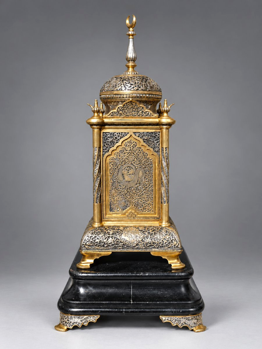 Pendule Orientaliste , Epoque Napoléon III , 1870-1880 , XIXe , Bronze Doré & Argenté , Perse -photo-1