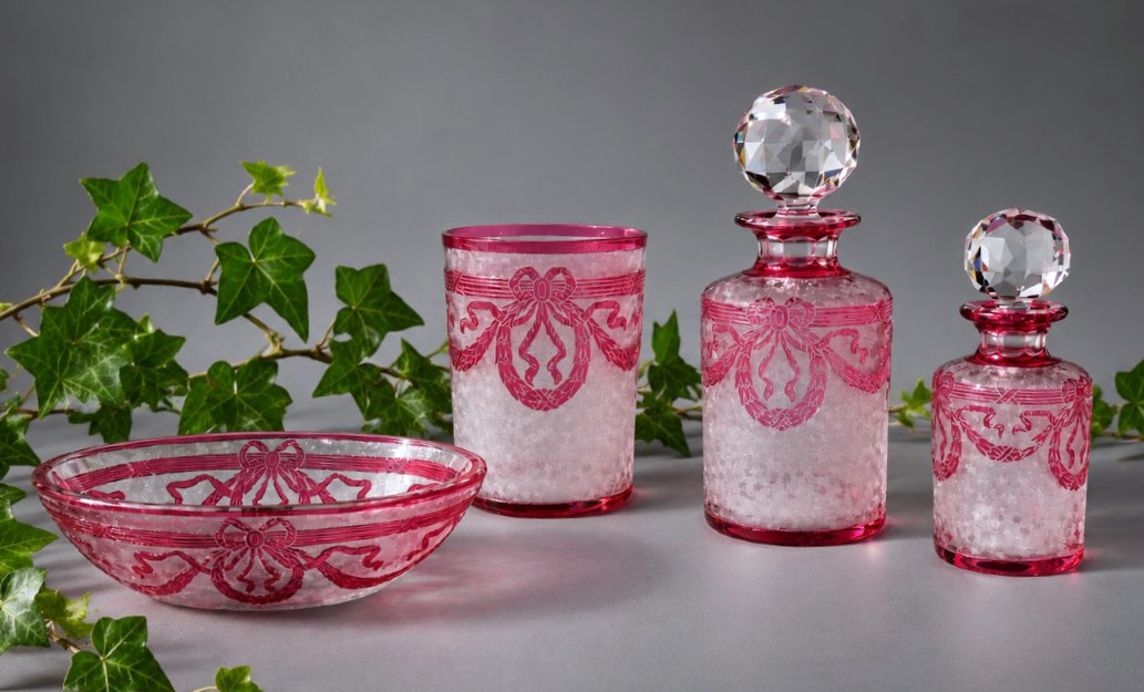 Service De Toilette En Cristal Rose Gravé à Décor De Guirlandes & Rubans Vers 1900 Saint Louis