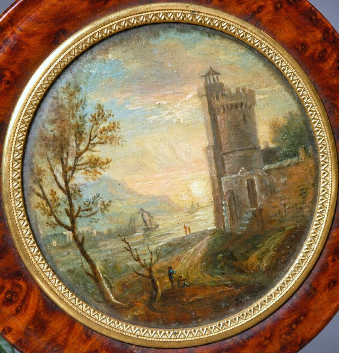 Tabatiere En Ronce De Noyer,  Miniature Peinte, Paysage Au Château – Époque Charles X , Boite-photo-2