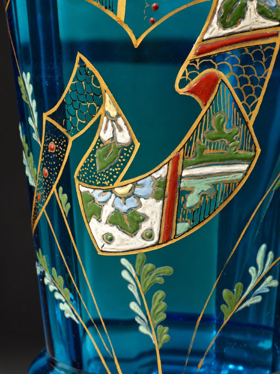Auguste Jean Vase, Turquoise Blue Glass With Polychrome Enamel And Gilding, 19th Century, Napoleon III-photo-3