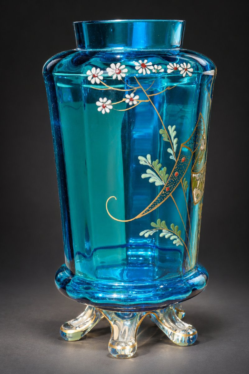 Auguste Jean Vase, Turquoise Blue Glass With Polychrome Enamel And Gilding, 19th Century, Napoleon III-photo-2