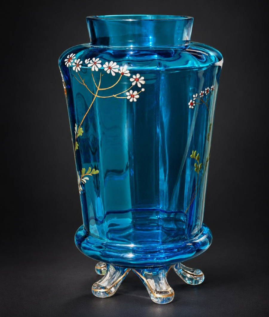 Auguste Jean Vase, Turquoise Blue Glass With Polychrome Enamel And Gilding, 19th Century, Napoleon III-photo-4