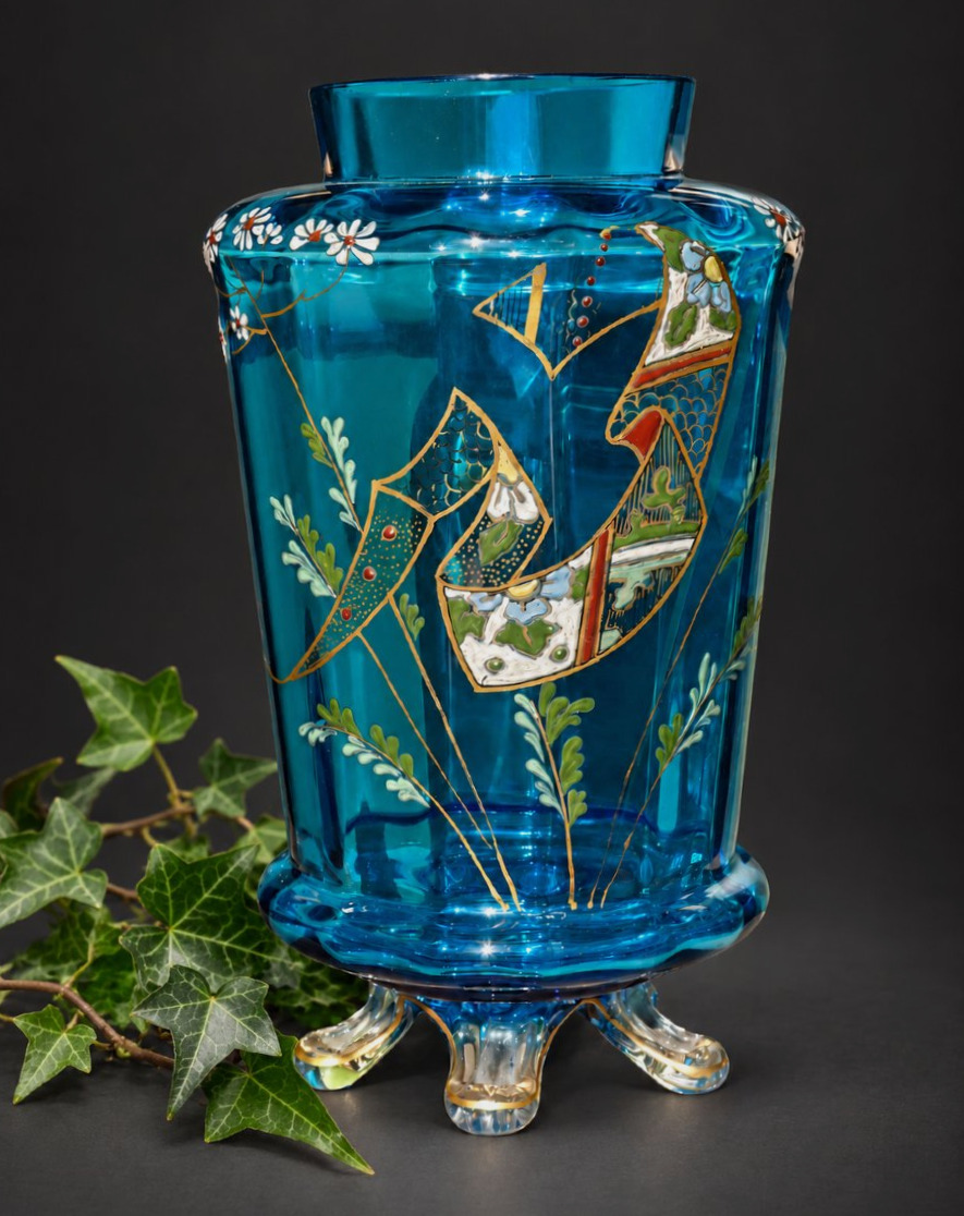Auguste Jean Vase, Turquoise Blue Glass With Polychrome Enamel And Gilding, 19th Century, Napoleon III