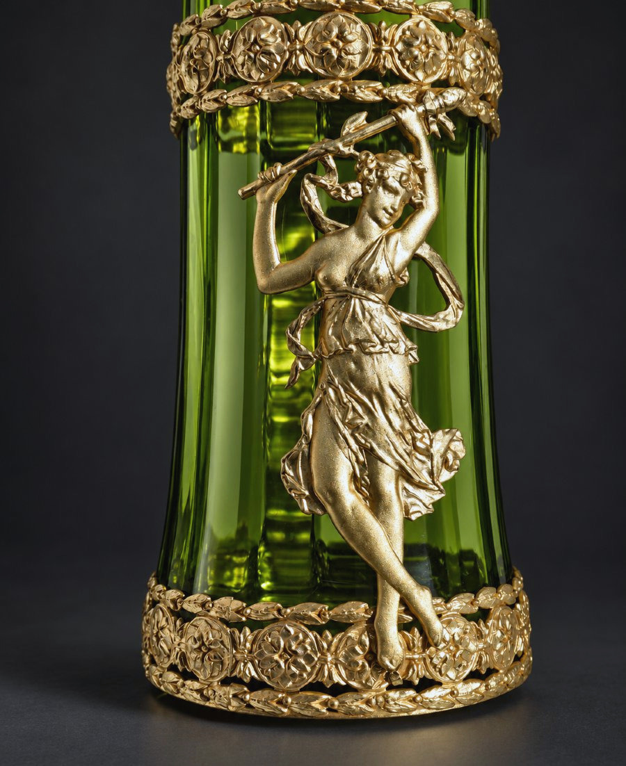 Green Vase With Gilded Bronze Frame, 19th-century Antique-style Female Motifs, Empire Style, Baccarat-photo-2