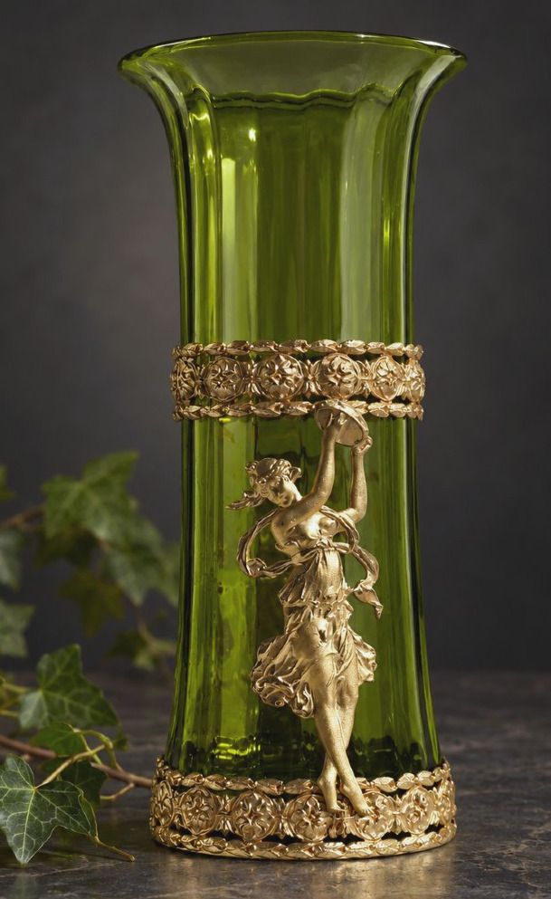 Green Vase With Gilded Bronze Frame, 19th-century Antique-style Female Motifs, Empire Style, Baccarat
