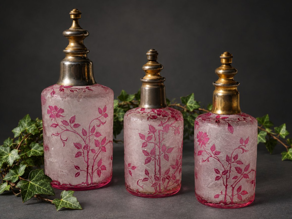 Baccarat Crystal Toilet Set, églantier Model, Acid-etched Rose Design, 19th Century-photo-2