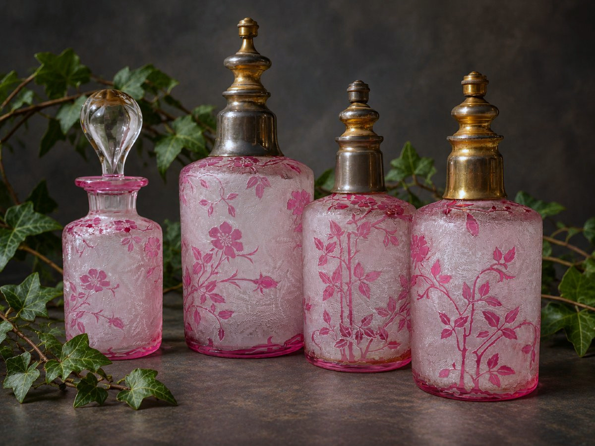 Baccarat Crystal Toilet Set, églantier Model, Acid-etched Rose Design, 19th Century