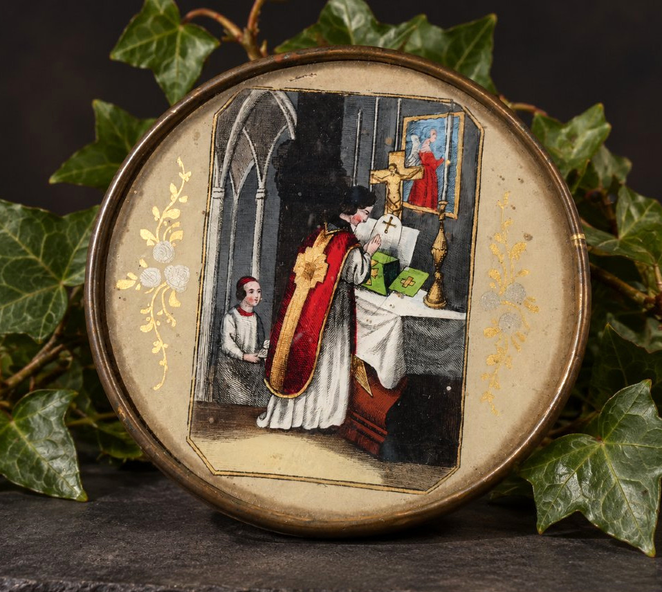 Boîte à Pralines Ou Bonbons En Fixé Sous Verre, Scène Religieuse, époque Charles X Dragées XIXE