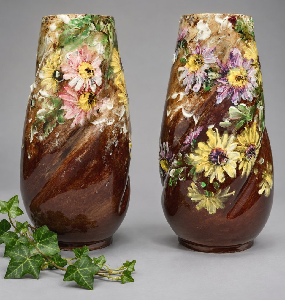 Paire De Grands Vases En Barbotine Impressionniste, Jérôme Massier Père, Décor Signé Max-photo-2