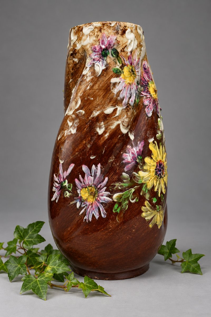 Paire De Grands Vases En Barbotine Impressionniste, Jérôme Massier Père, Décor Signé Max-photo-4