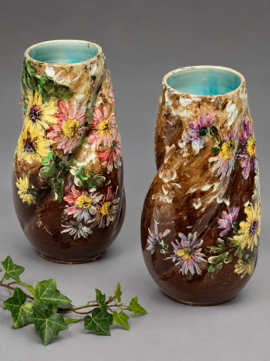 Paire De Grands Vases En Barbotine Impressionniste, Jérôme Massier Père, Décor Signé Max-photo-3