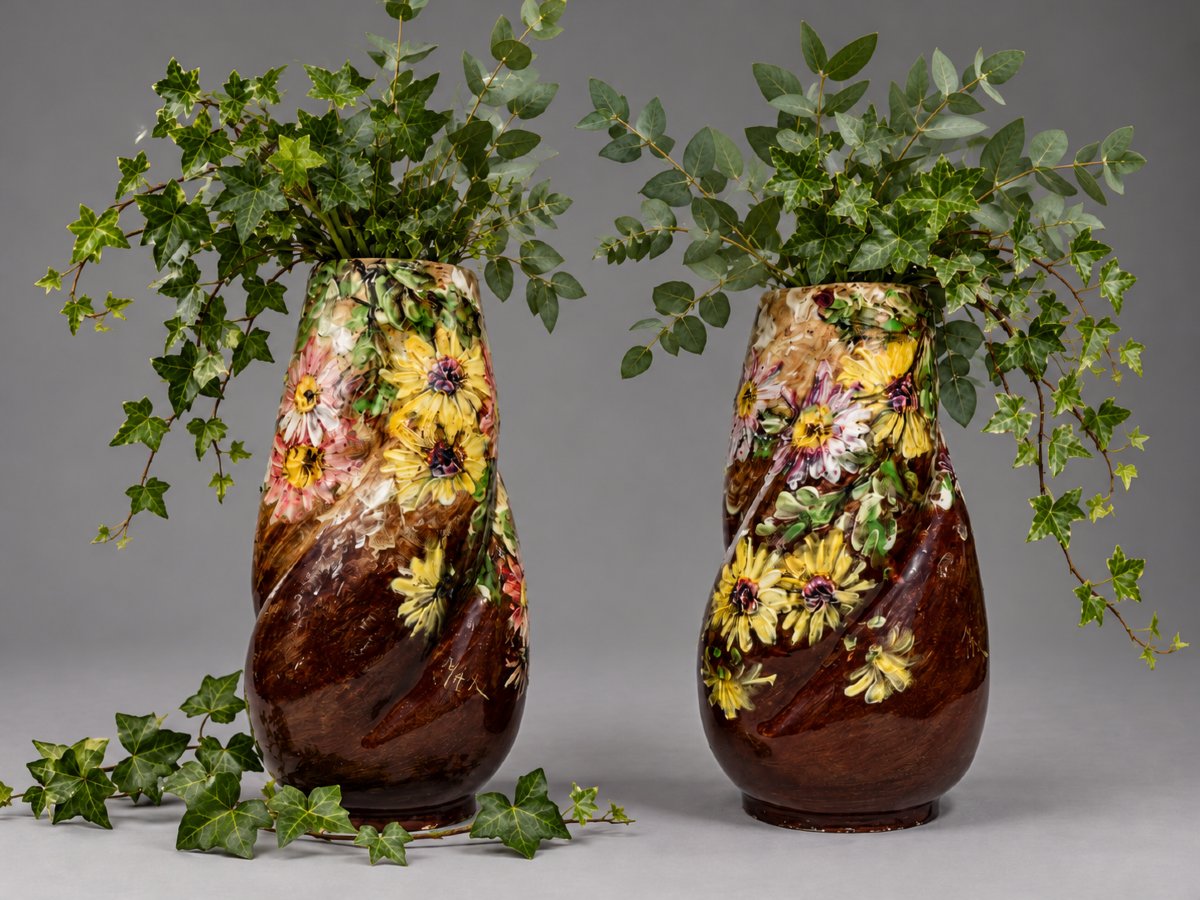 Paire De Grands Vases En Barbotine Impressionniste, Jérôme Massier Père, Décor Signé Max-photo-6