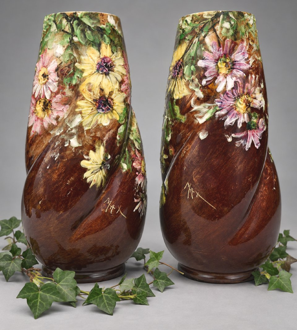 Paire De Grands Vases En Barbotine Impressionniste, Jérôme Massier Père, Décor Signé Max