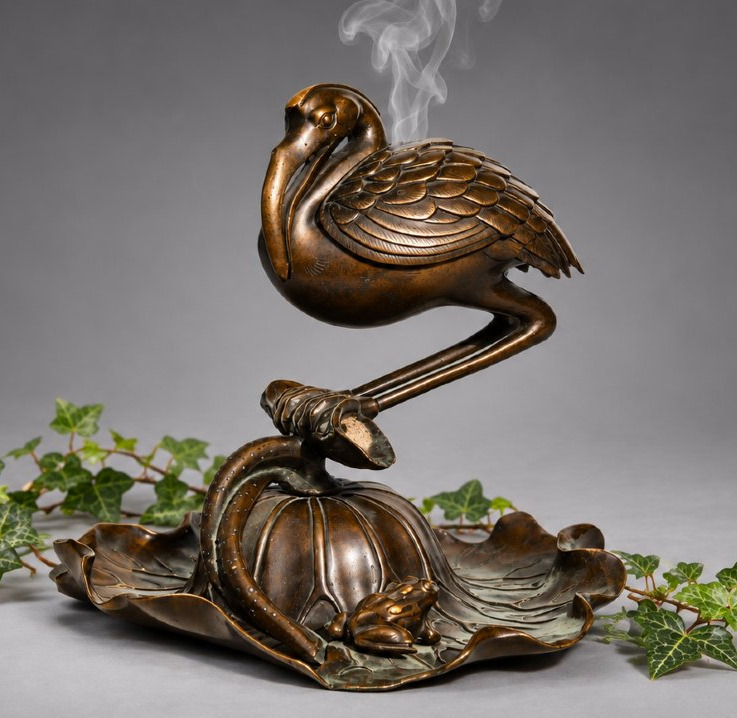 Japanese Incense Burner In Patinated Bronze, Ibis On A Lotus & Frog – Meiji Period, 19th Century-photo-3