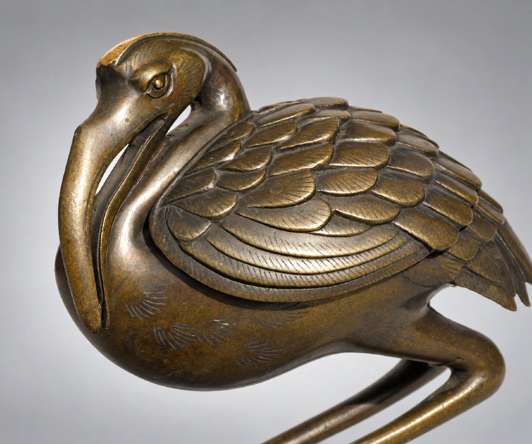 Japanese Incense Burner In Patinated Bronze, Ibis On A Lotus & Frog – Meiji Period, 19th Century-photo-4