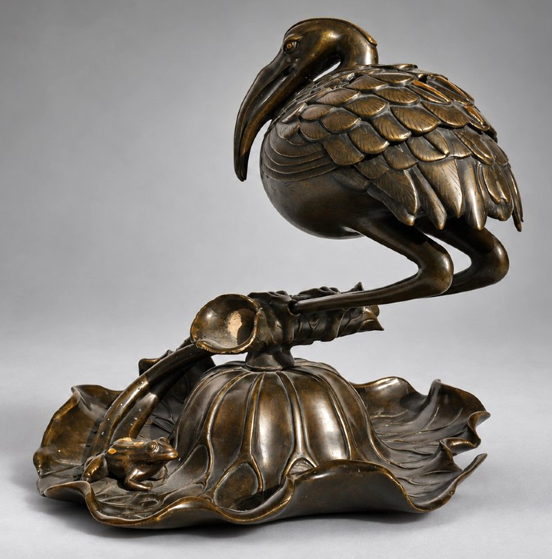 Japanese Incense Burner In Patinated Bronze, Ibis On A Lotus & Frog – Meiji Period, 19th Century-photo-4