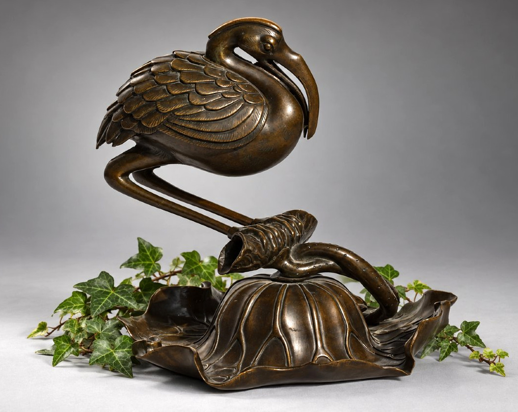 Japanese Incense Burner In Patinated Bronze, Ibis On A Lotus & Frog – Meiji Period, 19th Century-photo-7