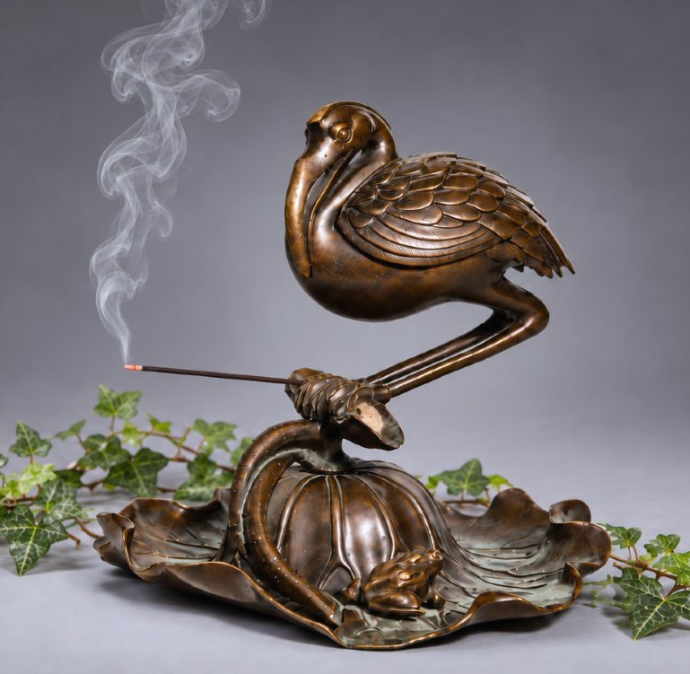 Japanese Incense Burner In Patinated Bronze, Ibis On A Lotus & Frog – Meiji Period, 19th Century