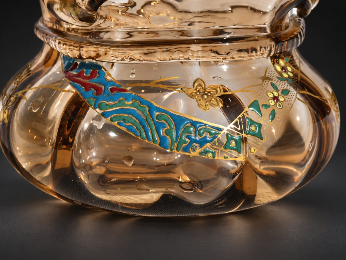 Auguste Jean Vase En Verre Ambré Émaillé & Doré À Décor Japonisant Vers 1880 XIXe Art Nouveau-photo-1