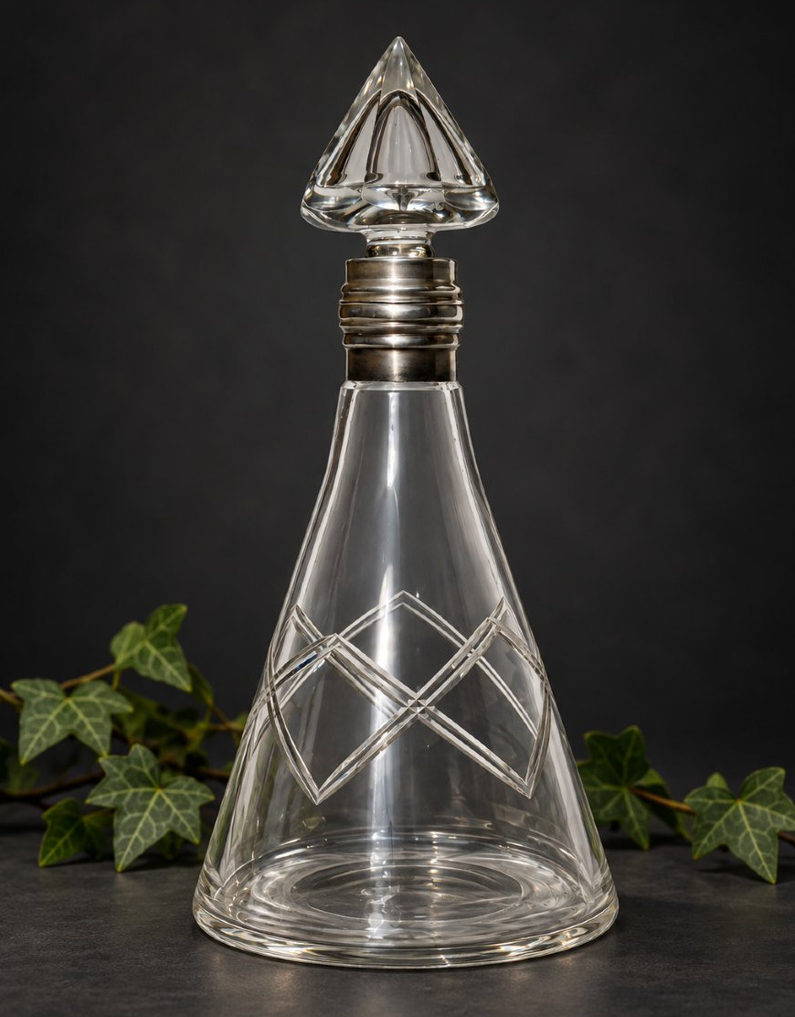 Carafe En Cristal Taillé À Monture En Argent Massif – Époque Art Déco , 1920 
