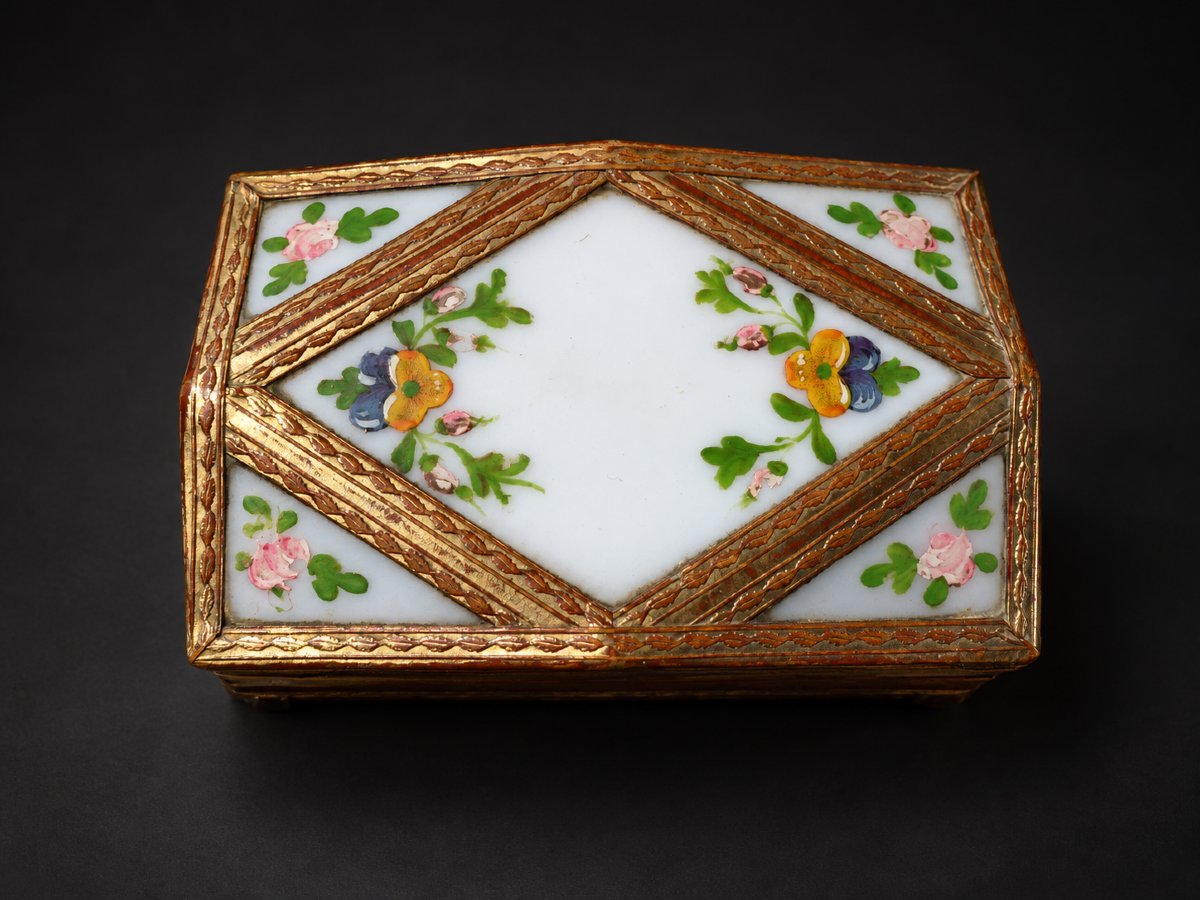 Boîte À Pralines Dragées Ou Bonbons En Verre Opalin Peint Époque Charles X , Coffret En Carton-photo-4