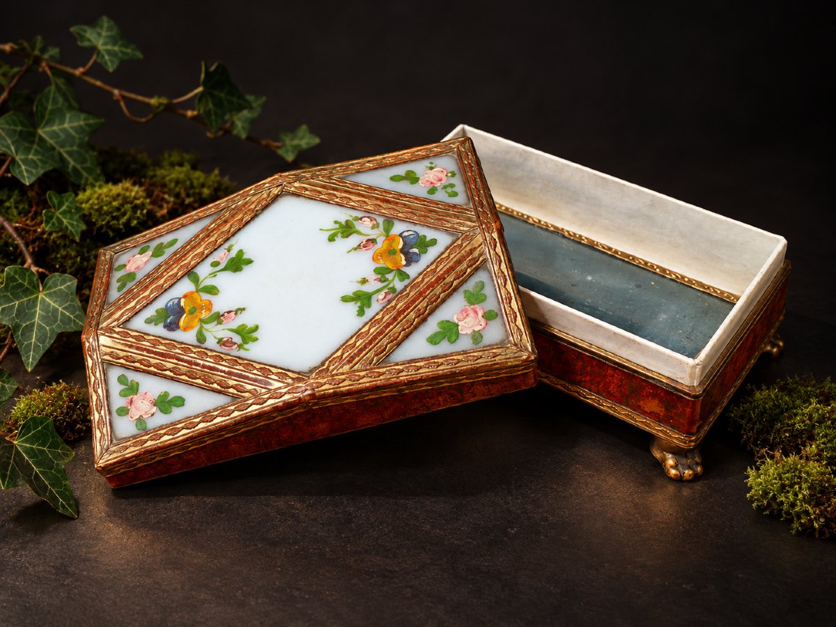 Boîte À Pralines Dragées Ou Bonbons En Verre Opalin Peint Époque Charles X , Coffret En Carton