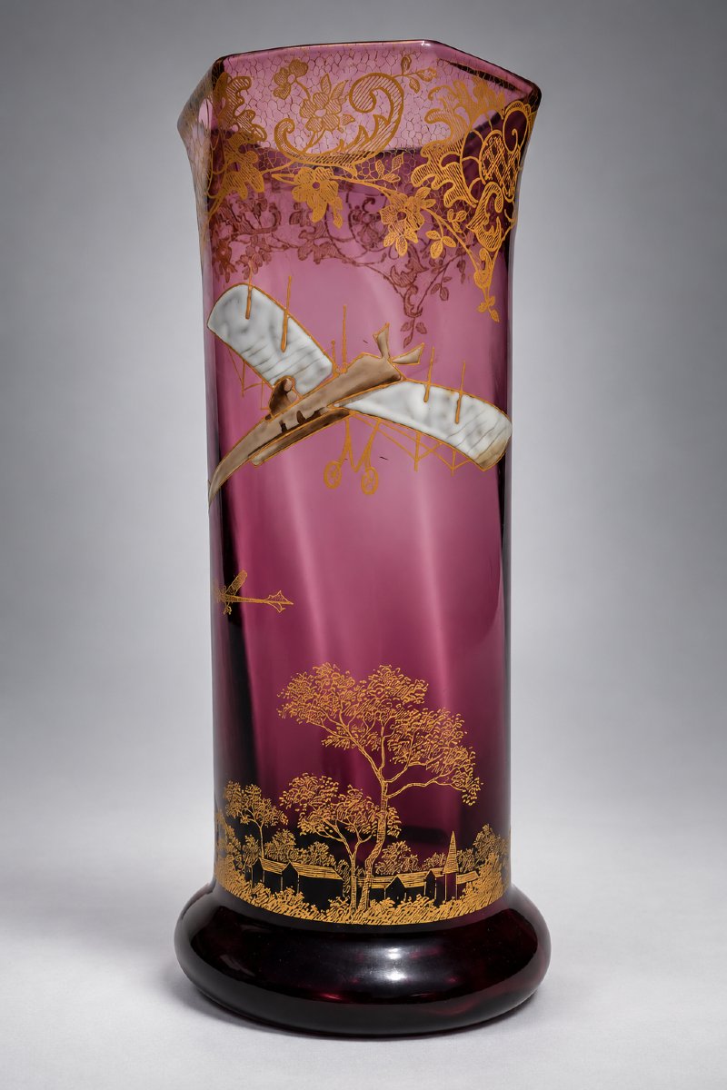 Theodore Legras Amethyst Glass Vase With Aviation Motifs, Airplanes, And A Gilded Landscape, 1910-photo-4