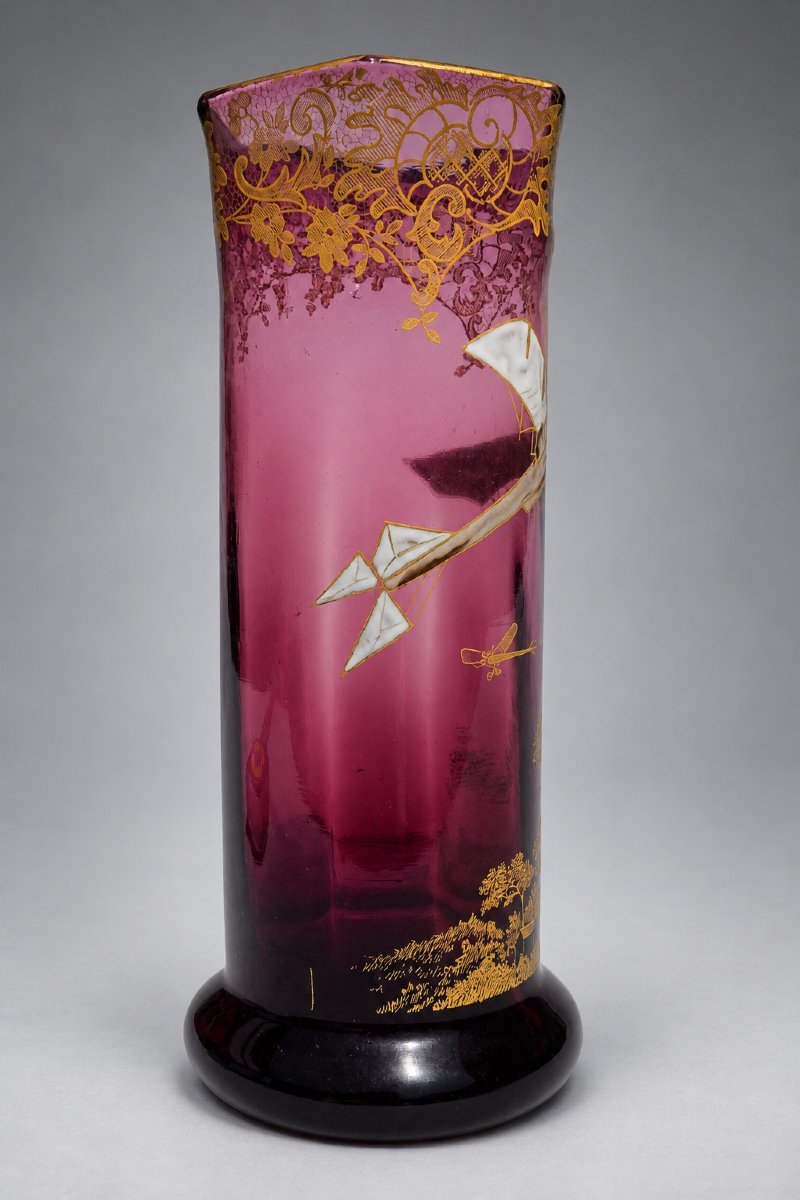 Theodore Legras Amethyst Glass Vase With Aviation Motifs, Airplanes, And A Gilded Landscape, 1910-photo-2