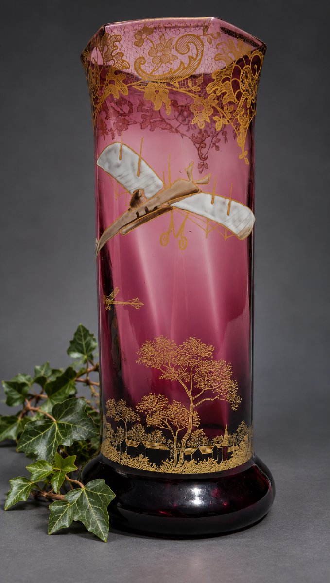 Theodore Legras Amethyst Glass Vase With Aviation Motifs, Airplanes, And A Gilded Landscape, 1910