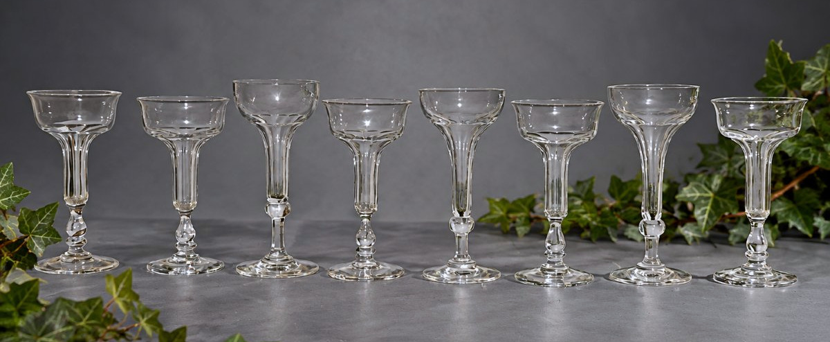 Set Of 8 19th-century Hollow-stemmed Champagne Glasses, Flûtes Champenoises-photo-2