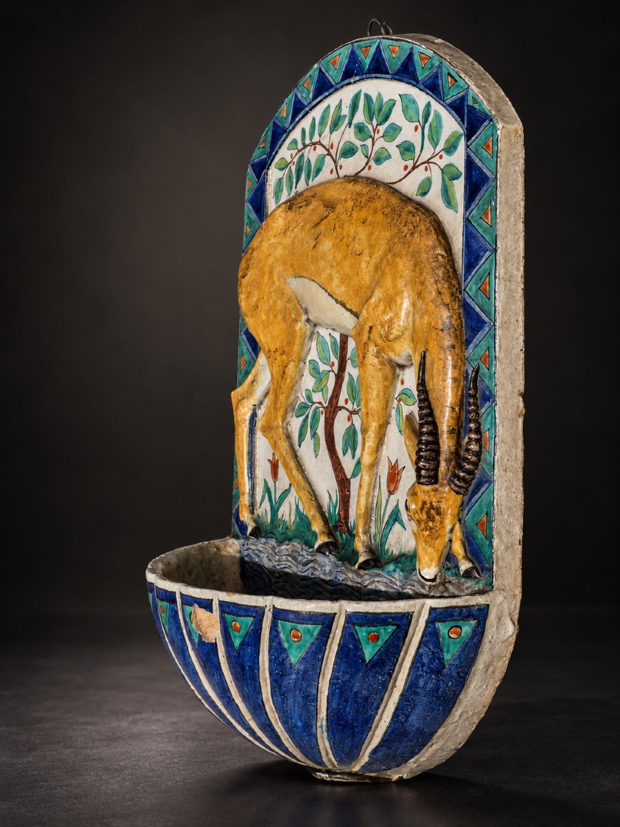 Philippe Rouart 1904-1993 Fontaine Murale Faïence Polychrome À La Gazelle Art Déco Orientaliste-photo-2