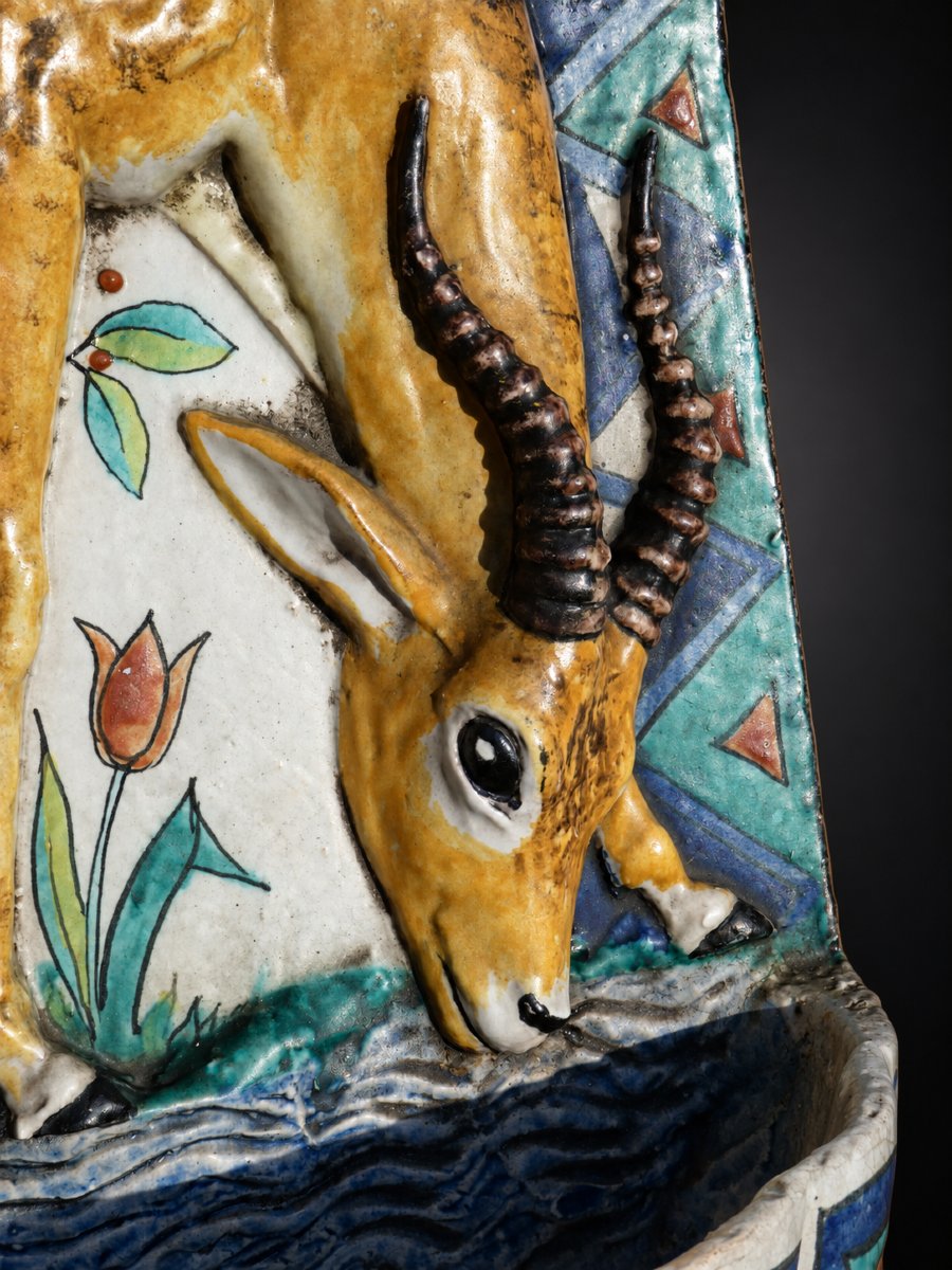 Philippe Rouart 1904-1993 Fontaine Murale Faïence Polychrome À La Gazelle Art Déco Orientaliste-photo-3