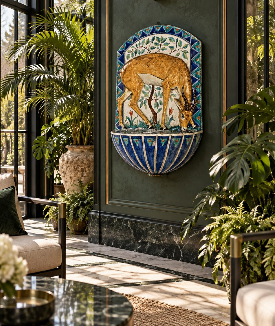 Philippe Rouart 1904-1993 Fontaine Murale Faïence Polychrome À La Gazelle Art Déco Orientaliste-photo-7