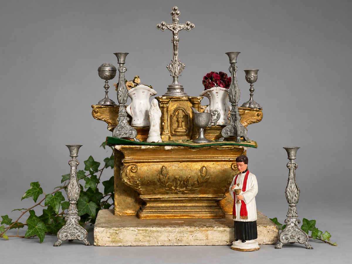 Antique Altar Set – Miniature Gilded Plaster Altar And Accessories – Circa 1900, Dinette -photo-2